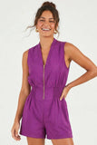Smocking Sleeveless Front Zip Romper