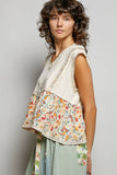 V-neck Floral Pattern Trim Ruffle Rib Knitted Sleeveless Top