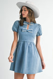 ND0002 Bow lace puff Mini Denim Dress