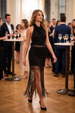 Satin Cowl Halter Top & Maxi Skirt Set with Fringe Detail