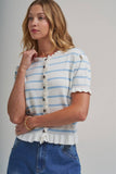 STRIPE KNITTED SWEATER BUTTON DOWN CARDIGAN TOP WITH RUFFLE