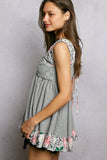 V-neck Thermal Lace Contrast Ruffle Floral Print Sleeveless