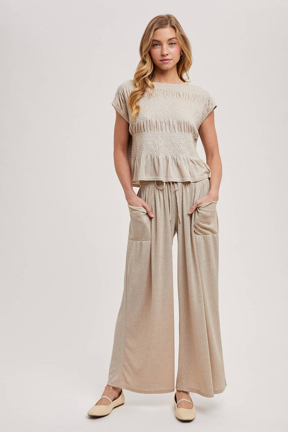 RELAXED KNIT SMOCKED TOP AND WIDE PANTS SET