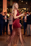 Satin Cowl Halter Top & Maxi Skirt Set with Fringe Detail