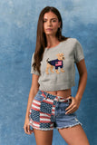 "DOG WITH FLAG" GRAPHIC SHORT SLEEVE CREW NECK SWEATER TOP