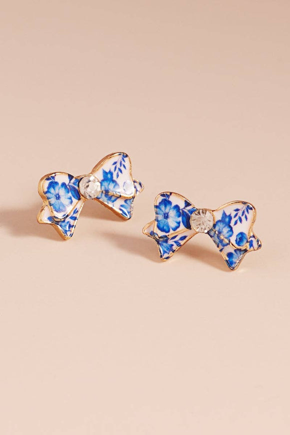 Flower Print On Enamel Bow Titanium Post Earrings