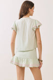 CT9946-Embroidered Ruffle Trim Detail Button Down Sleeve Top