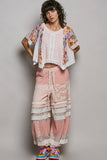 Round Neck Contrast Floral Eyelet Trim Rib Short Sleeve Top