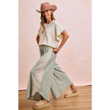 FLORAL EYELET SIDE ELASTIC STRIPES WIDE LEG PANTS