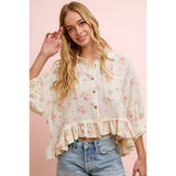 FLORAL CRINKLE QUARTER SLEEVE RUFFLE HEM SHIRT TOP