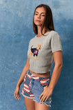 "DOG WITH FLAG" GRAPHIC SHORT SLEEVE CREW NECK SWEATER TOP