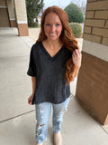 Black Mineral Wash V-Neck Top