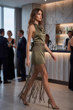 Satin Cowl Halter Top & Maxi Skirt Set with Fringe Detail
