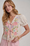 FLORAL EMBROIDERED TIE FRONT SHORT SLEEVE TEXTURED WOVEN TOP