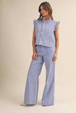 IST6347 STRIPED DENIM RUFFLE OVERSIZE VEST AND WIDE PANTS