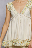 V-neck Thermal Lace Contrast Ruffle Floral Print Sleeveless