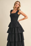 ID8988-B FLORAL EYELET RUFFLE STRAP SMOCKED TIERED MAXI