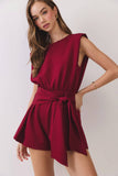 CP10295-Padded Shoulders Elasticized Waist Back Tie Romper