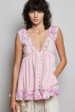V-neck Thermal Lace Contrast Ruffle Floral Print Sleeveless