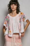 Round Neck Contrast Floral Eyelet Trim Rib Short Sleeve Top