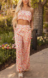 Boho Floral Bandeau Top and High Waist Wide Leg Pants Set