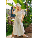 FLORAL EYELET SIDE ELASTIC STRIPES WIDE LEG PANTS
