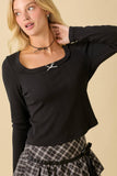 Square Neck Pointell Knit Top With Ribbon Bow