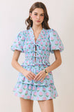 CT9889-Floral Print Ruffle Trim Puff Sleeve Tie Front Top