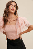 Tulle Ruffle Sleeve Smocked Top