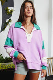 T2004E French Terry Color-block Collared Loose Fit Top