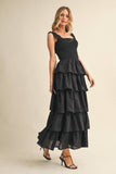 ID8988-B FLORAL EYELET RUFFLE STRAP SMOCKED TIERED MAXI