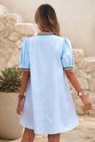 LDC Contrast Striped Detail Notched Neck Puff Sleeve Dress