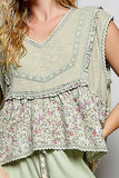 V-neck Floral Pattern Trim Ruffle Rib Knitted Sleeveless Top