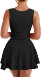 Mini dress with square neck waist pleated hem