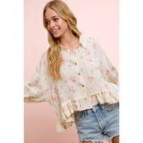 FLORAL CRINKLE QUARTER SLEEVE RUFFLE HEM SHIRT TOP