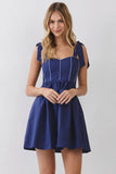 CD07241-Tie Shoulder Fit & Flare Mini Dress