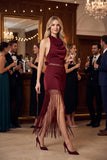 Satin Cowl Halter Top & Maxi Skirt Set with Fringe Detail