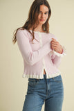 CSW18003 - RIBBED CARDIGAN WITH RUFFLED TRIM COLOR CONTRAST