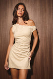 ASYMMETRICAL SHOULDER LACE TRIM DETAIL SUEDE DRESS