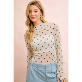 HIGH NECK LINE POLKA DOTS MESH TOP WITH THUMB OPENING