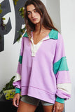 T2004E French Terry Color-block Collared Loose Fit Top