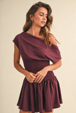ID9559  OFF SHOULDER SMOCKED WAIST MINI DRESS