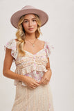 FLORAL PRINT RUFFLE LACE TRIMMED SWEETHEART NECK TOP