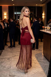 Satin Cowl Halter Top & Maxi Skirt Set with Fringe Detail
