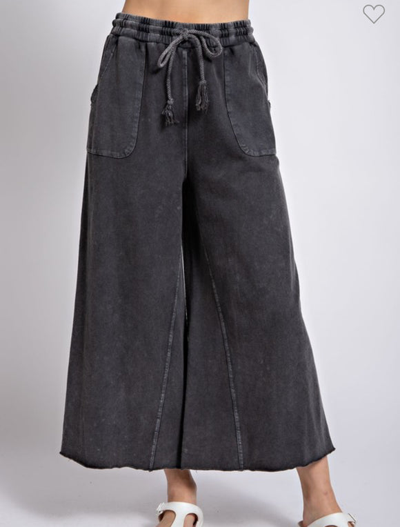 Black Faded Washed Wide Leg Pants-Easel