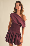 ID9559  OFF SHOULDER SMOCKED WAIST MINI DRESS