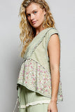 V-neck Floral Pattern Trim Ruffle Rib Knitted Sleeveless Top