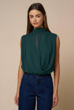 Draped Chiffon Mock Neck Sleeveless Top