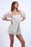 FLORAL PRINT HALF PUFF SLEEVE MINI ROMPER