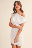 ID8182-A ASYMMETRIC OFF SHOULDER EYELET MINI DRESS